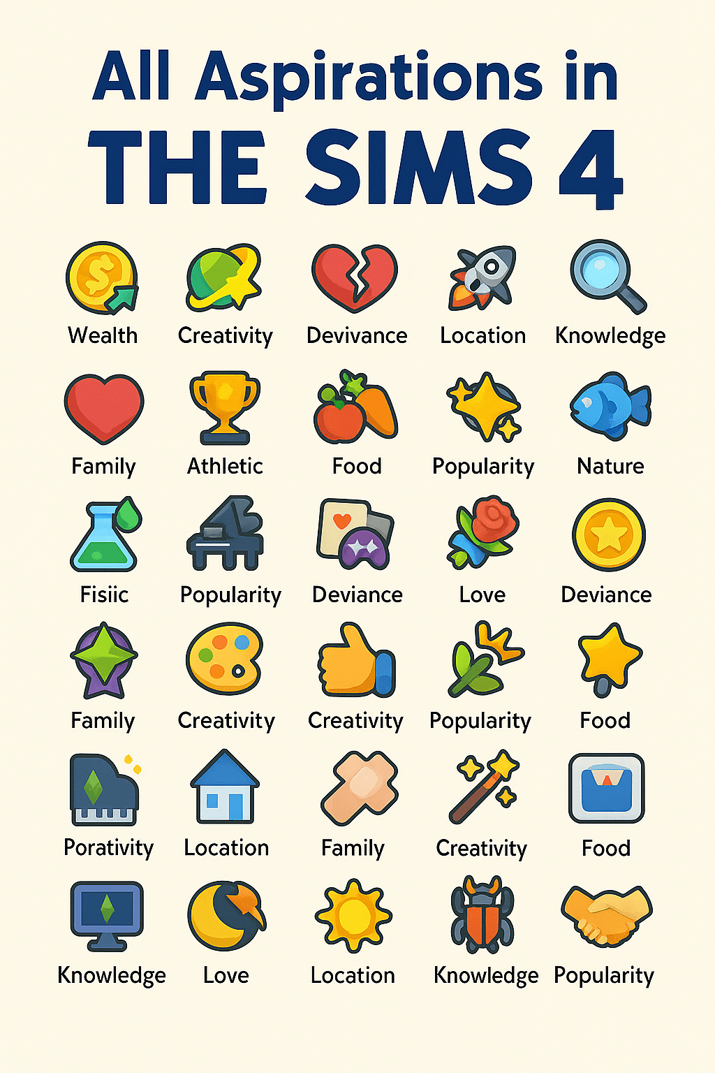A colourful digital graphic showing icons that represent all aspiration categories in The Sims 4.