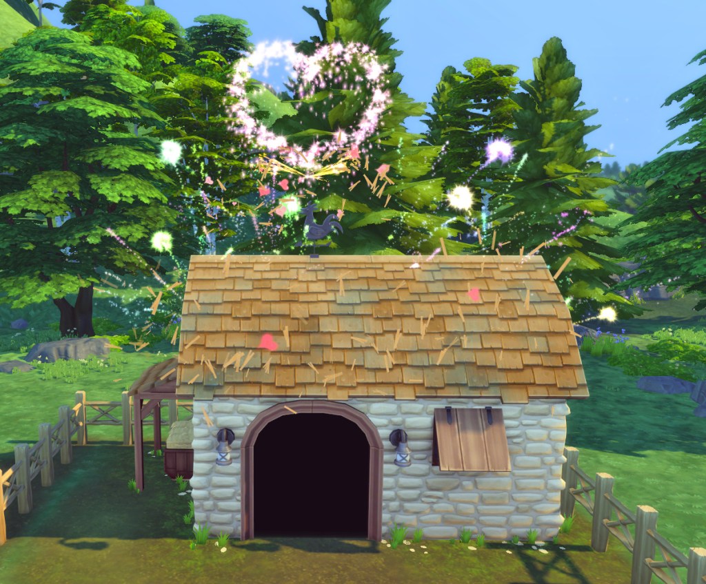 Sims 4 WooHoo location inside an animal shed, with fireworks and hearts above the roof.