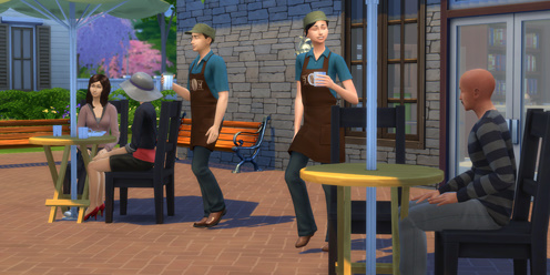 Sims working as baristas serving coffee to customers in an outdoor café setting in The Sims 4.