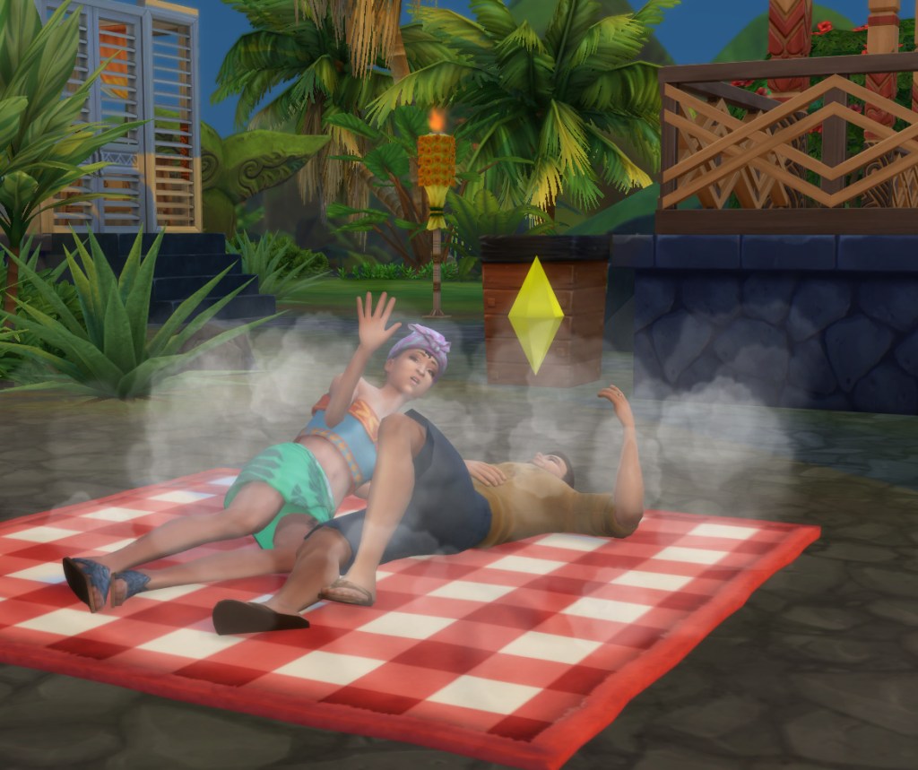 Two Sims WooHooing on a picnic blanket in an outdoor setting, as seen in The Sims 4: Lovestruck Kit.