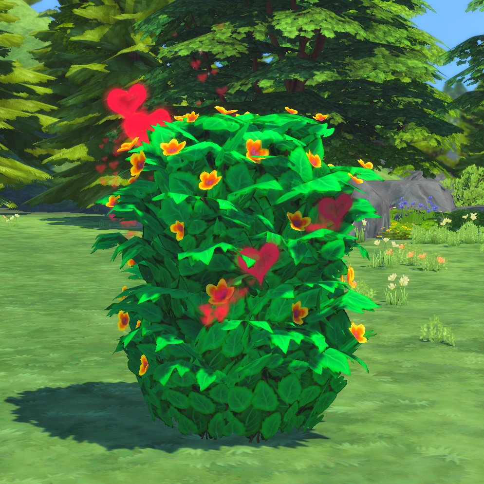 Sims 4 WooHoo location in a large flowered bush, with hearts and rustling leaves.