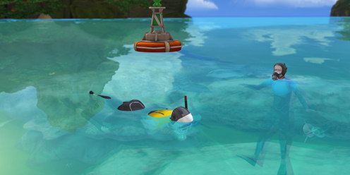 Sims exploring the ocean as part of the Diver career in The Sims 4 Island Living.