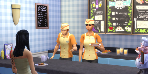 Sims working as fast food employees, taking orders and serving customers in The Sims 4.