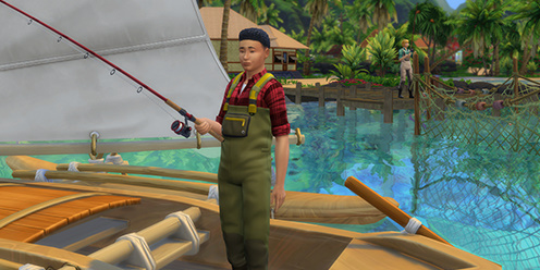 Sim fishing from a wooden boat in a tropical bay in The Sims 4.