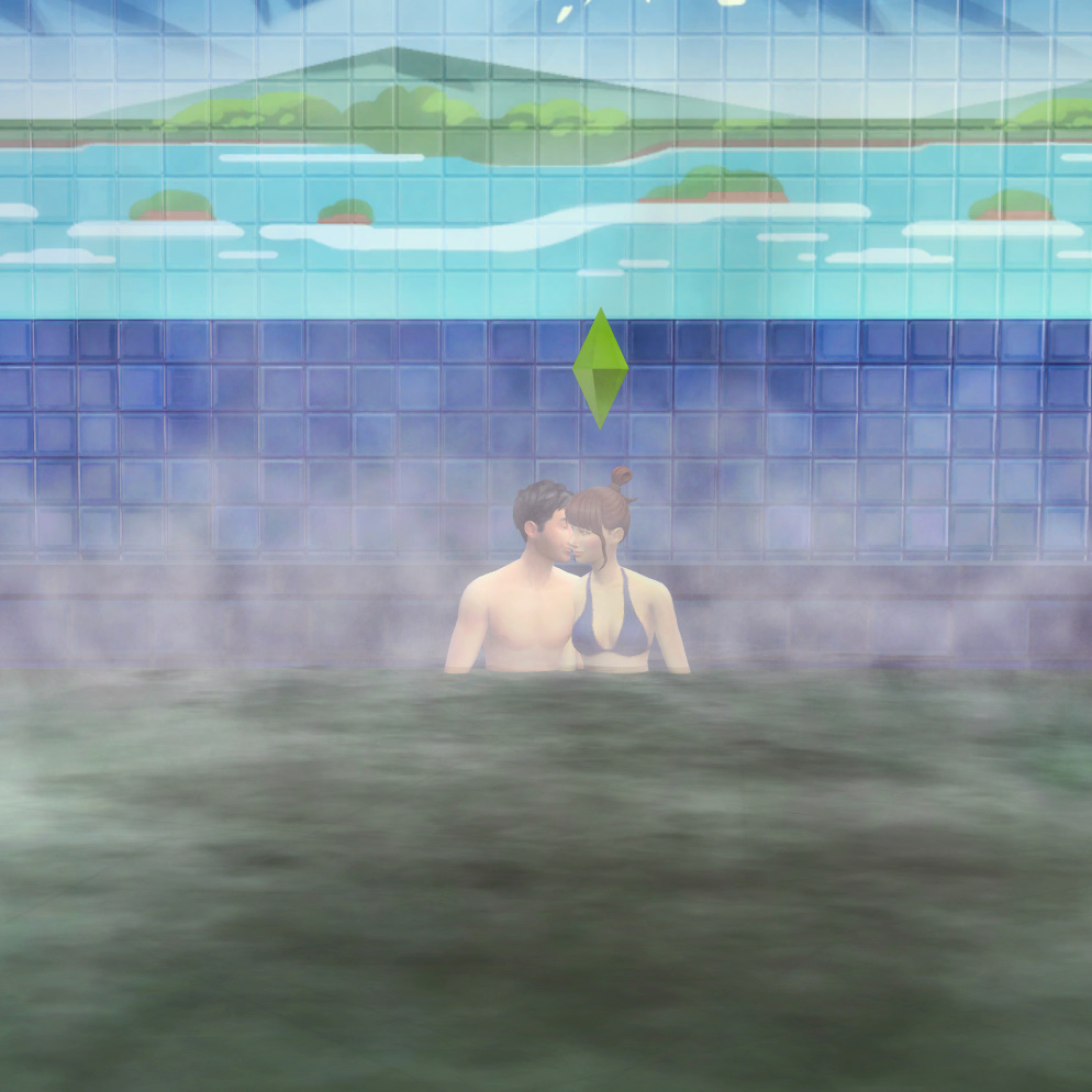 Sims 4 WooHoo in a steaming hot spring with a scenic mural in the background.