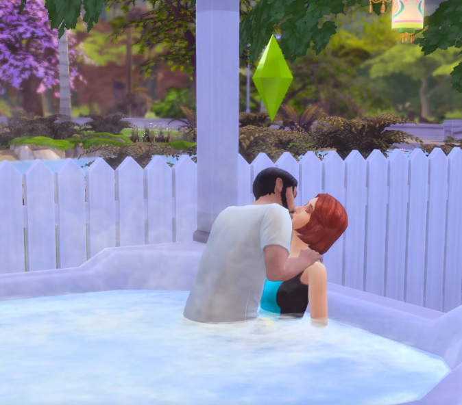 Sims 4 WooHoo in a backyard hot tub surrounded by a white fence.