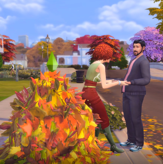 Sims 4 WooHoo in a leaf pile, in an autumn park setting.