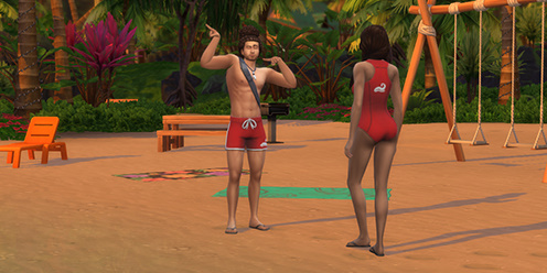 Two Sims in red lifeguard uniforms chatting on a tropical beach in The Sims 4.