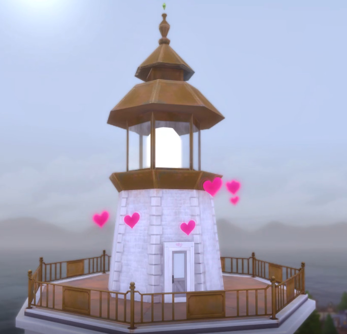 Sims 4 Lighthouse WooHoo, hearts floating around the lighthouse in Brindleton Bay.