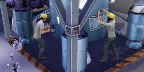 Two Sims in hard hats working on a large machine in a labour-intensive job in The Sims 4.
