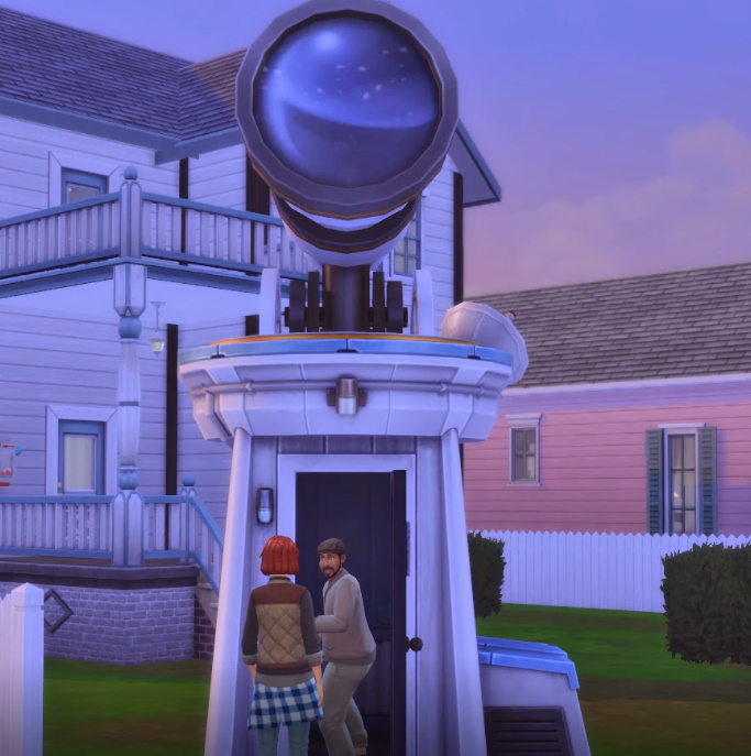 Sims 4 Observatory WooHoo spot, two Sims entering a giant telescope.
