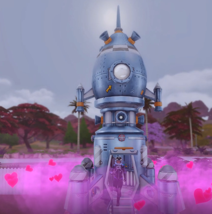 Sims 4 Rocket Ship WooHoo, surrounded by pink hearts and smoke.