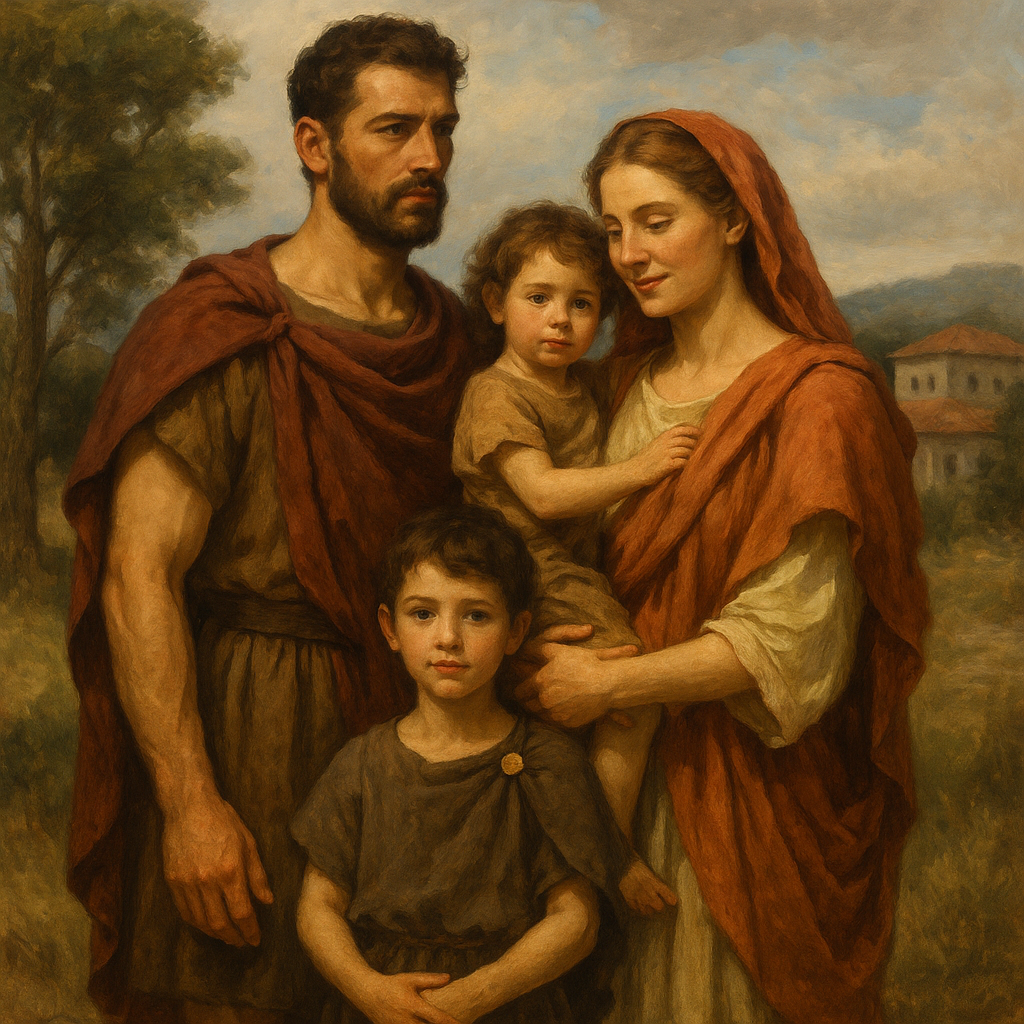 A realistic painting of a Roman family in Britain, dressed in togas and tunics near a stone villa.