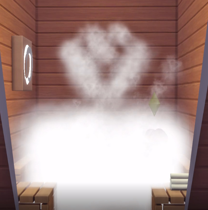 Sims 4 Sauna WooHoo, two Sims surrounded by thick steam inside a wooden sauna room.