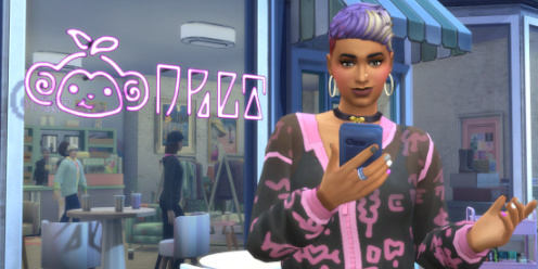 A stylish Sim standing outside a trendy café, using their phone as part of the Simfluencer career in The Sims 4.
