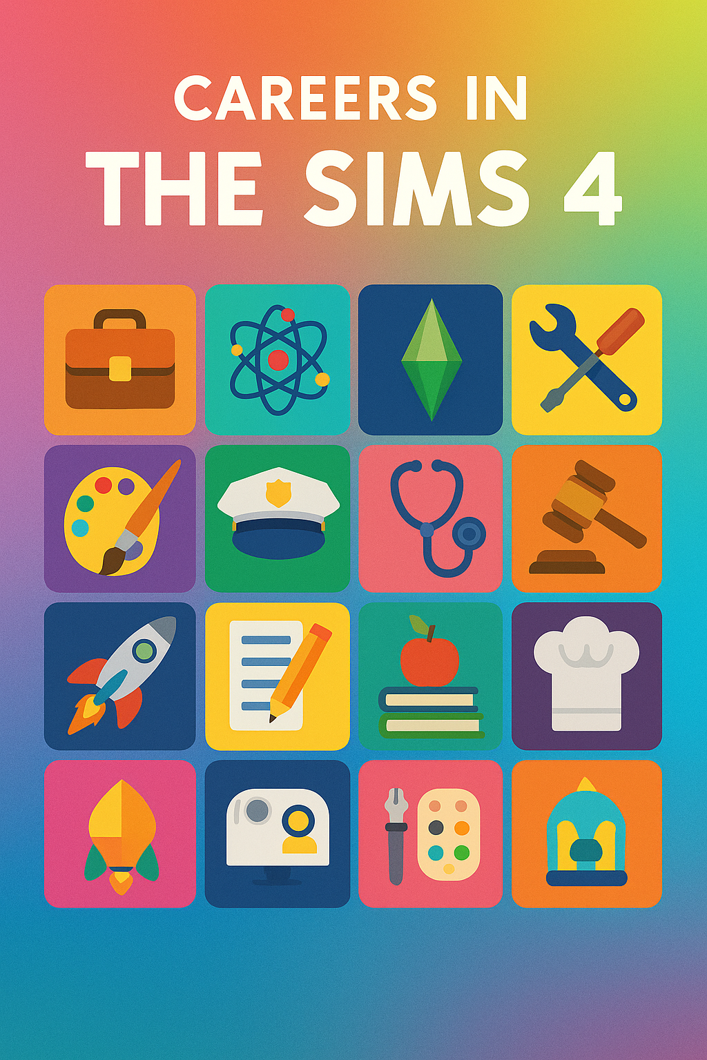 Colourful digital illustration showcasing a variety of Sims 4 career paths, represented by vibrant icons and symbols like briefcases, paintbrushes, and scientific equipment.