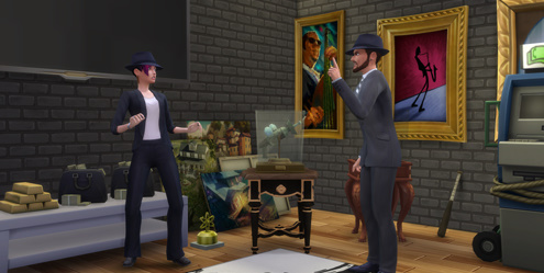 Two Sims engaged in a conversation in a dark room filled with stolen items and valuable artefacts, representing the Criminal Career in The Sims 4.