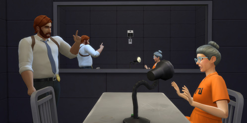 Sims 4 detective career – Sim interrogating a suspect in the police station.