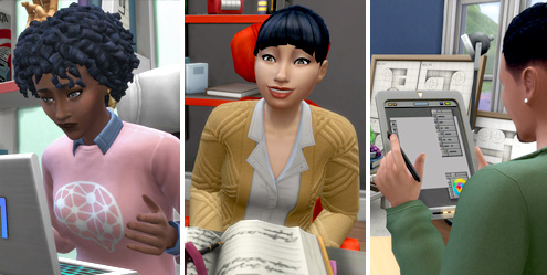A Sim working on a computer, writing notes, and using a tablet in The Sims 4 as part of the Freelancer Career.