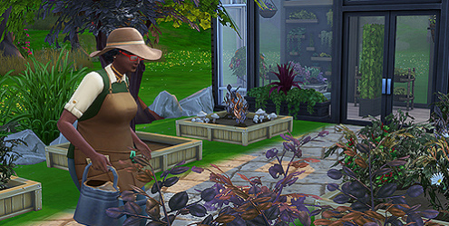 A Sim tending to a lush garden in The Sims 4 as part of the Gardener Career, surrounded by plants and gardening tools.
