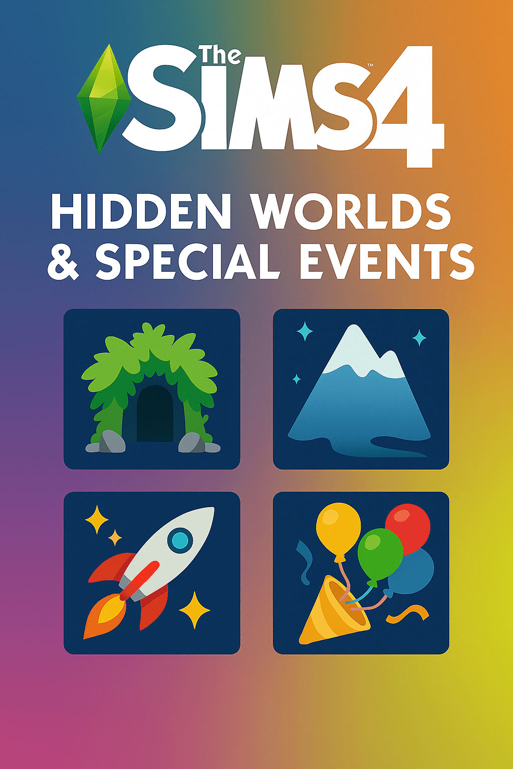 Vibrant digital graphic featuring hidden Sims 4 locations and event icons, representing secret worlds and seasonal activities in the game.