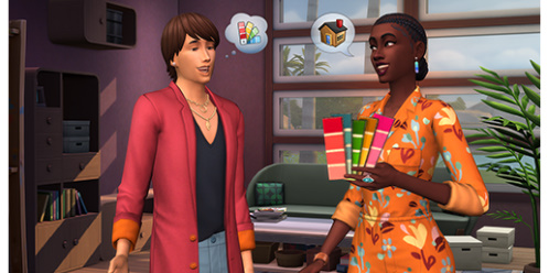 Sims 4 interior decorator career – Sim showing colour swatches to a client during a home renovation consultation.