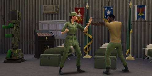 A Sim in a military uniform training with another Sim in The Sims 4, surrounded by army equipment and banners.