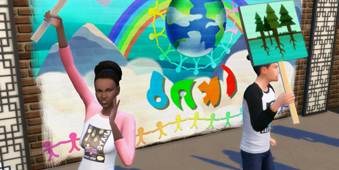 A Sim giving a speech and another Sim holding a protest sign in The Sims 4, standing in front of a colourful mural representing unity and environmental themes.