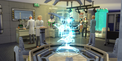 A Sim working in the Science Lab in The Sims 4, surrounded by lab equipment and a glowing holographic object.
