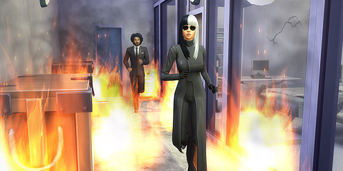 Two Sims walking through fire in dramatic outfits during the Secret Agent career in The Sims 4.