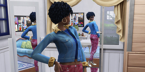 A stylish Sim poses confidently in front of a mirror, showing off fashion in The Sims 4 Social Influencer career.