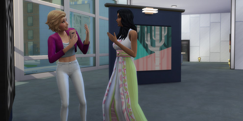 Two Sims chatting energetically inside a modern building during the Social Media career in The Sims 4.