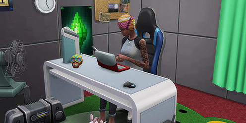 A Sim works at a sleek gaming desk in The Sims 4 Tech Guru career, surrounded by tech gadgets and screens.