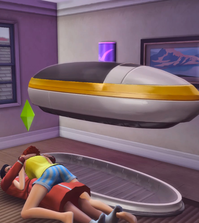 Sims 4 Sleeping Pod WooHoo, two Sims embracing underneath a futuristic sleeping pod indoors.