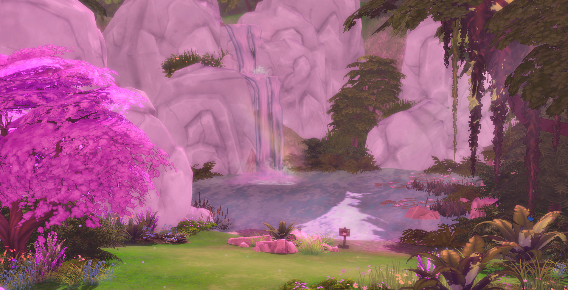 A wide view of Sylvan Glade in The Sims 4, showing pink trees, sparkling water, and a magical atmosphere.