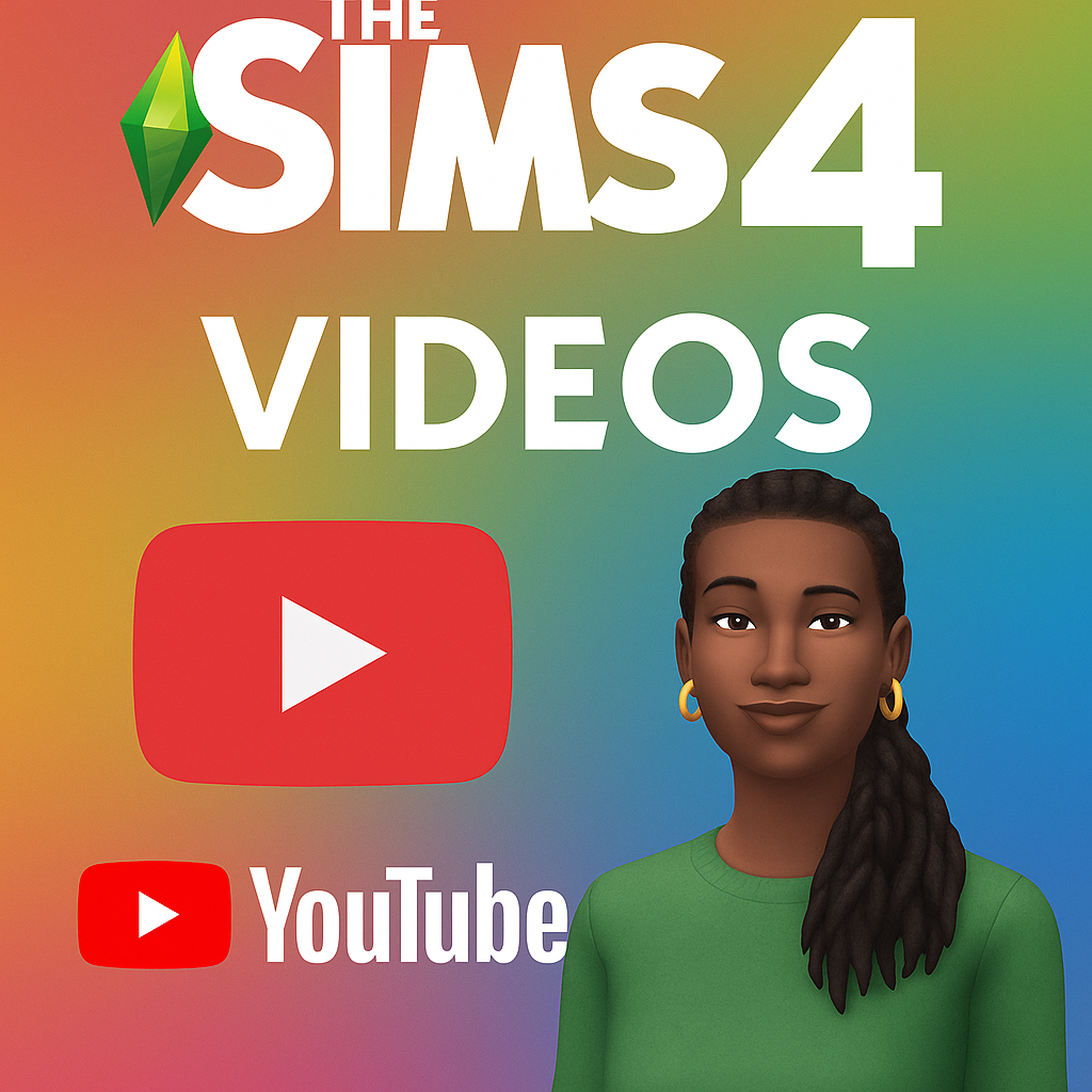 Promotional digital graphic for The Sims 4 Videos page featuring YouTube branding and Sims-themed elements, inviting viewers to explore tutorials, challenges, and Let’s Plays.