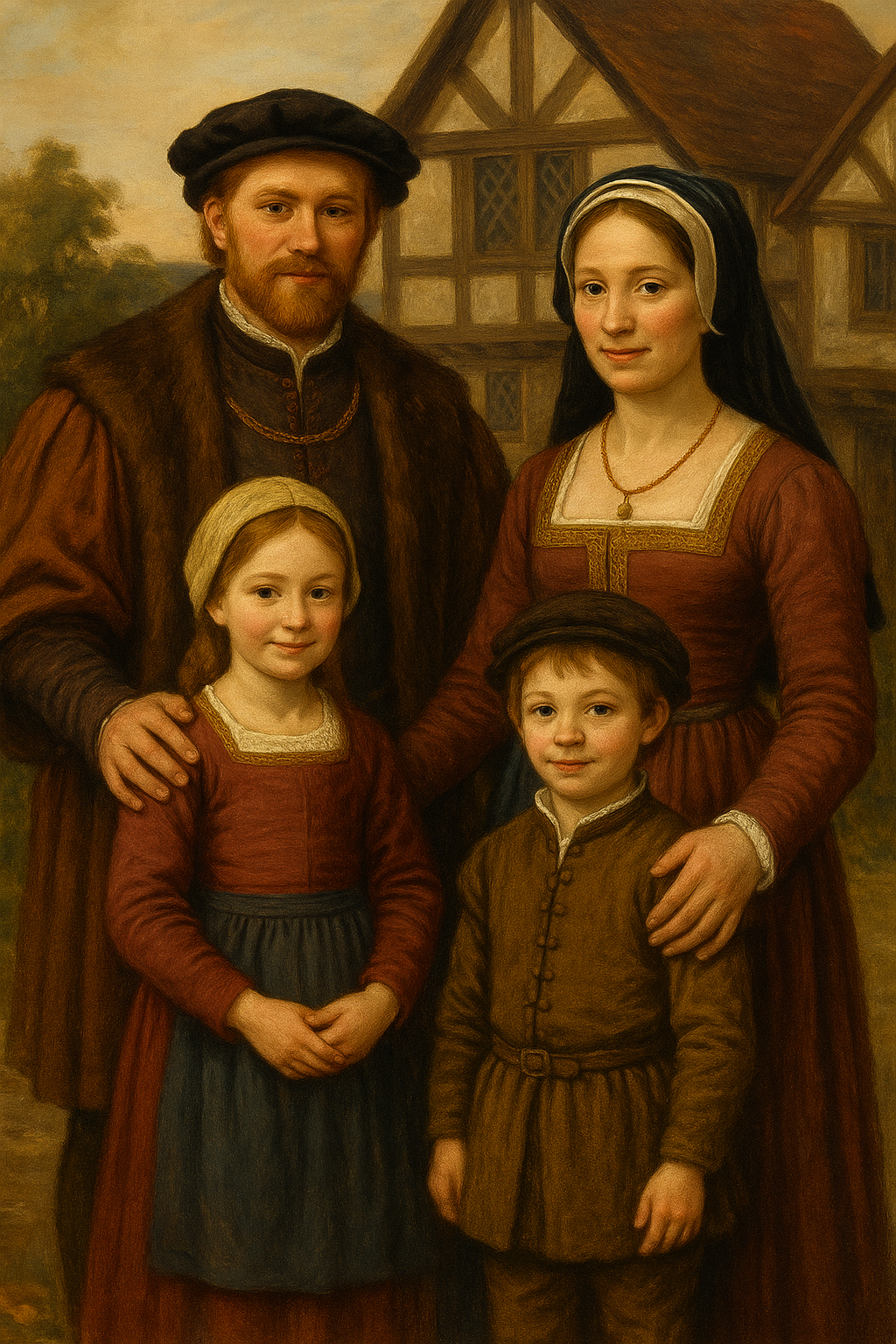 A realistic painting of a Tudor family in fine clothing, standing in a manor garden.