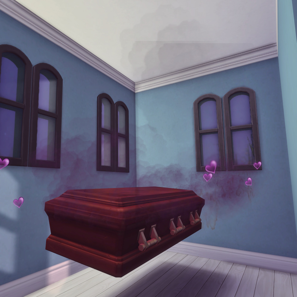 Sims 4 WooHoo location inside a vampire coffin, with purple mist and floating hearts.