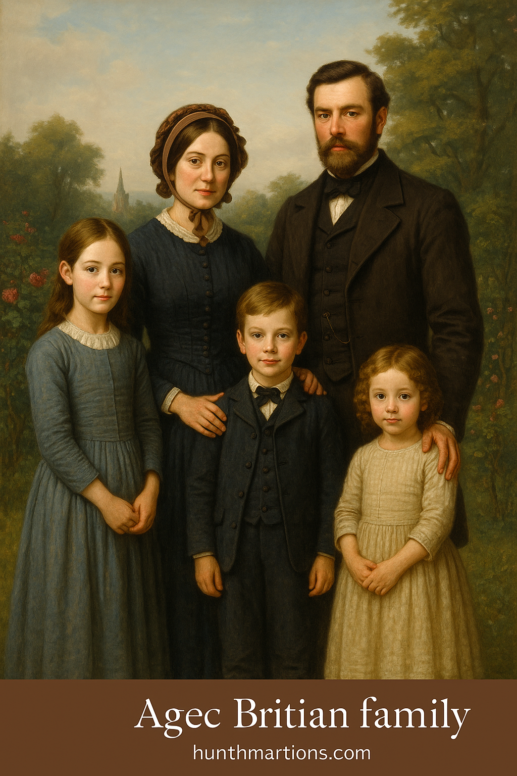 A realistic painting of a Victorian family in formal dress, standing in front of a grand mansion.