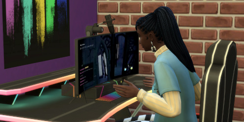 A Sim livestreaming a video game from their RGB-lit gaming setup in The Sims 4 video game streamer career.