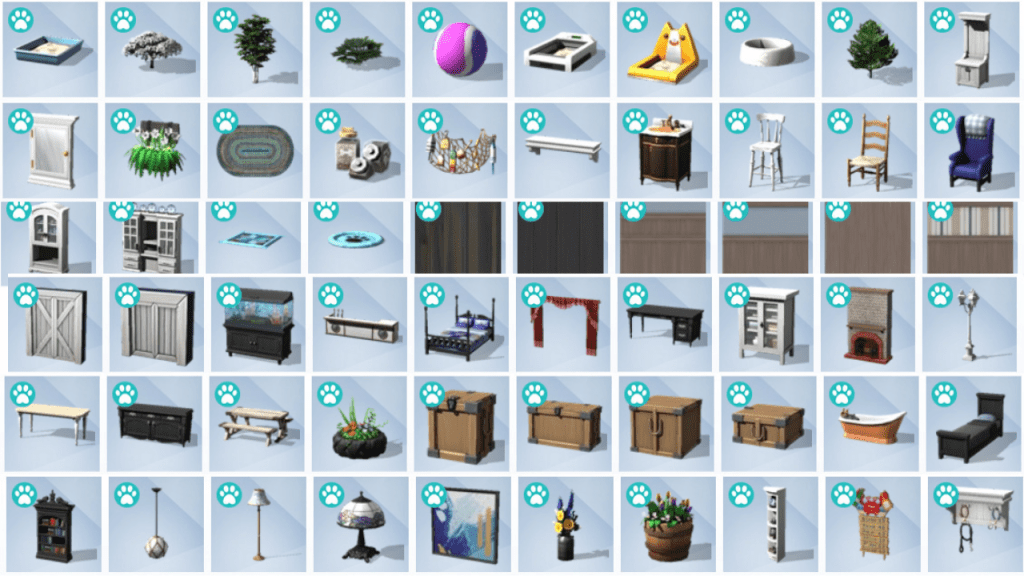 Sims 4 Cats and Dogs build/buy items featuring agility training equipment, vending machines, decor, and veterinary exam tables.