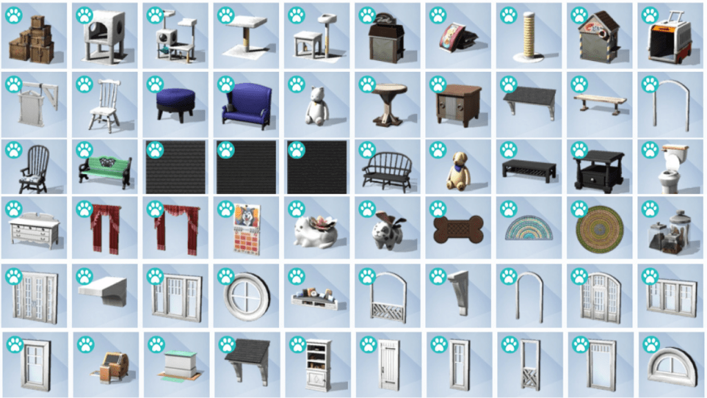 Assorted furniture, plants, flooring, and clutter items from The Sims 4: Cats & Dogs expansion pack.