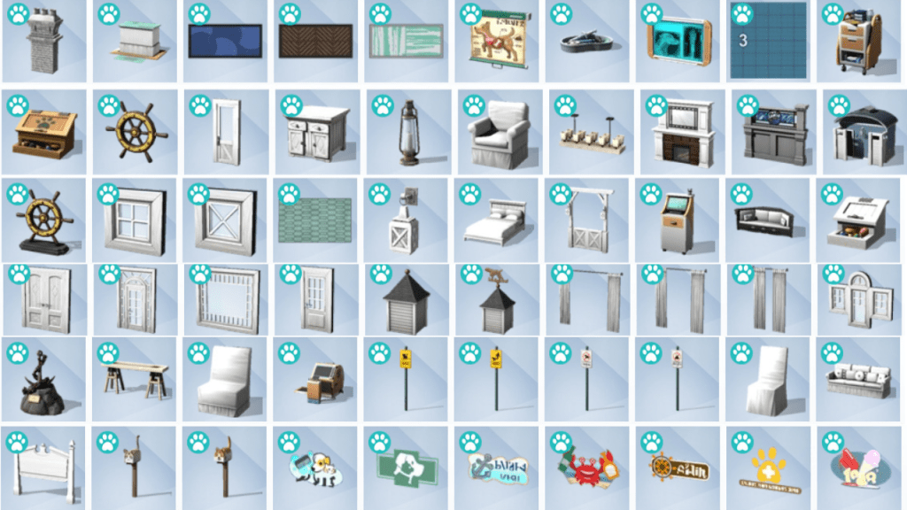 Pet furniture, decorative objects, windows, curtains, and wall art from The Sims 4: Cats & Dogs.