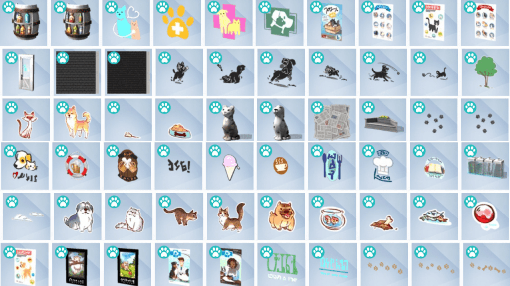 Rustic and coastal build/buy items from The Sims 4: Cats & Dogs, including signs, shop furniture, and decorative fixtures.