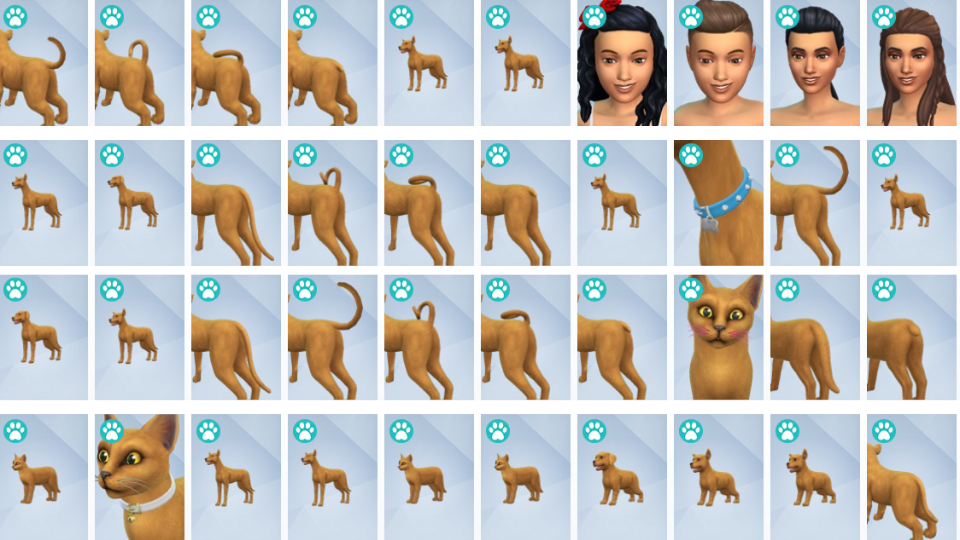 Sims 4 Cats & Dogs CAS menu showing various cat models and Sim hairstyles.