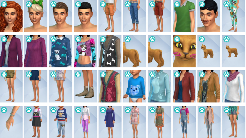 New clothing and outfit options in CAS from The Sims 4 Cats & Dogs, including cat-themed shirts and toddler outfits.