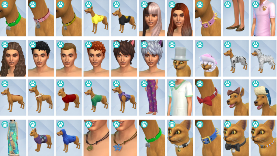Dog collars, pet clothing, and Sim styles from The Sims 4 Cats & Dogs expansion.