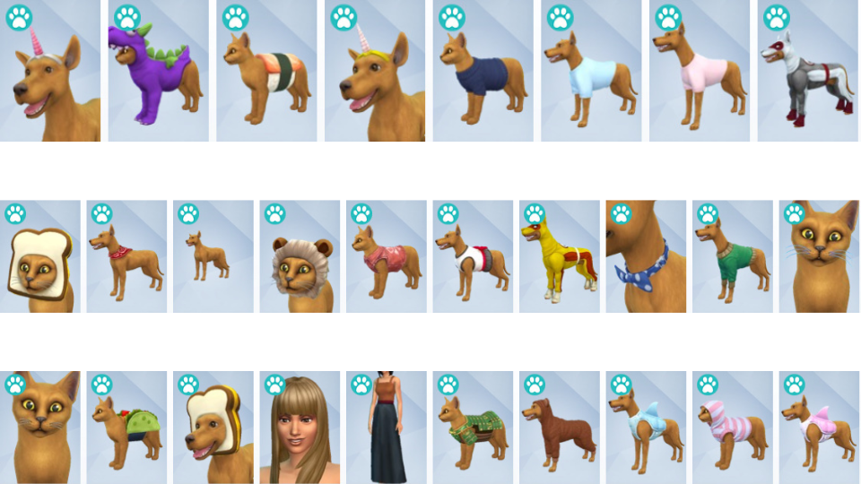 Creative pet costumes including unicorn, dinosaur, sushi, and toast cat in The Sims 4 Cats & Dogs.