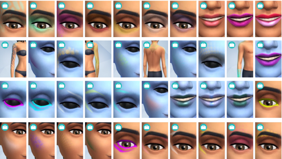Alien eye designs, tattoos, and supernatural makeup from The Sims 4 Get to Work