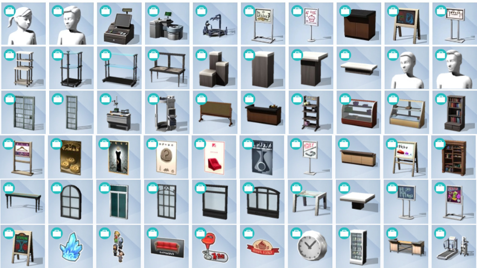 Grid of retail display items, mannequins, signs, and shelving from The Sims 4: Get to Work Build/Buy catalogue